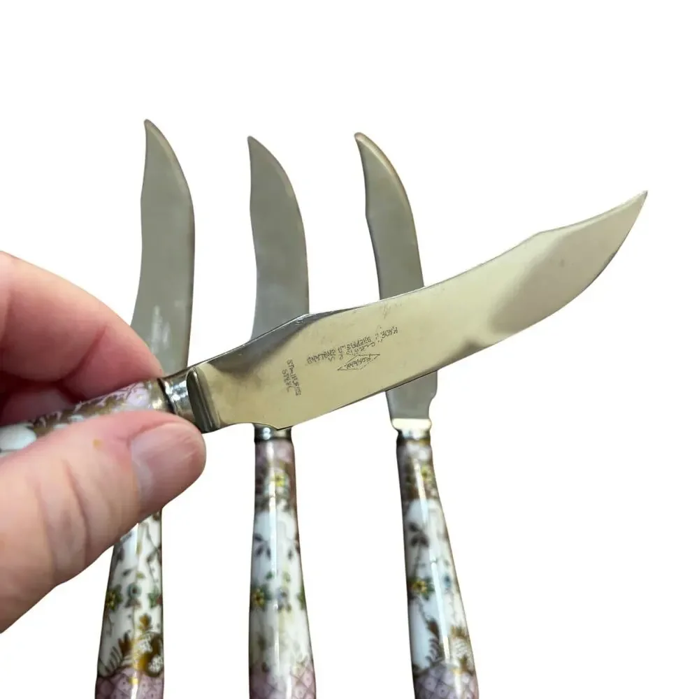 Vintage Hand Painted Pink Porcelain Handle Sheffield stainless steel knives (4)